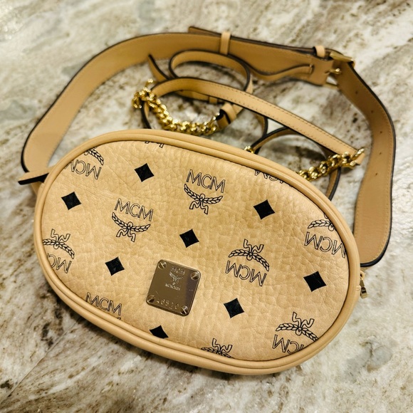 Authentic MCM Small Essential Belt Bag Purse 3 Way Cream Beige Gold Hardware - Picture 2 of 12